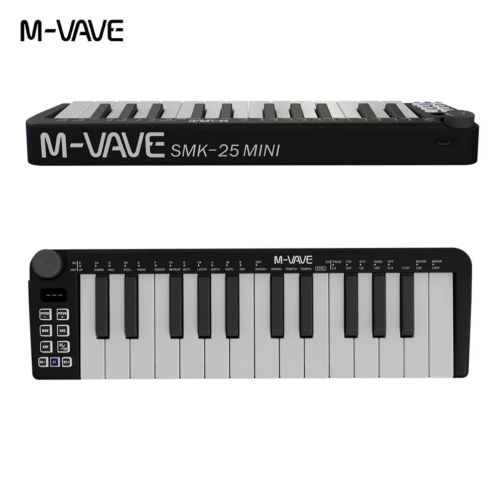 Black m-vave smk-25 mini 25-key midi keyboard rechargeable with control buttons and mini portable usb connection port