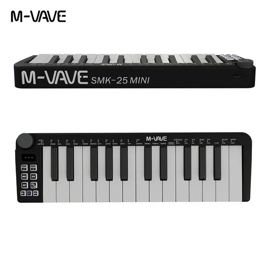 Black m-vave smk-25 mini 25-key midi keyboard rechargeable with control buttons and mini portable usb connection port