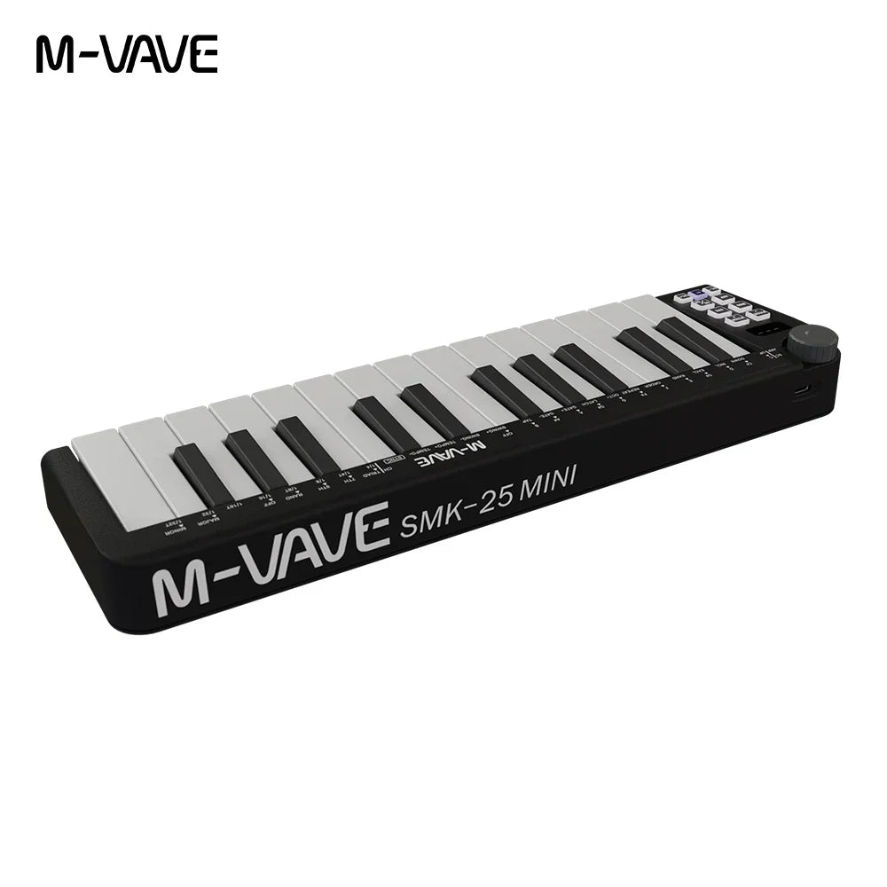 Black m-vave smk-25mini midi keyboard rechargeable with 25 white and black keys rotary knob and control buttons portable usb
