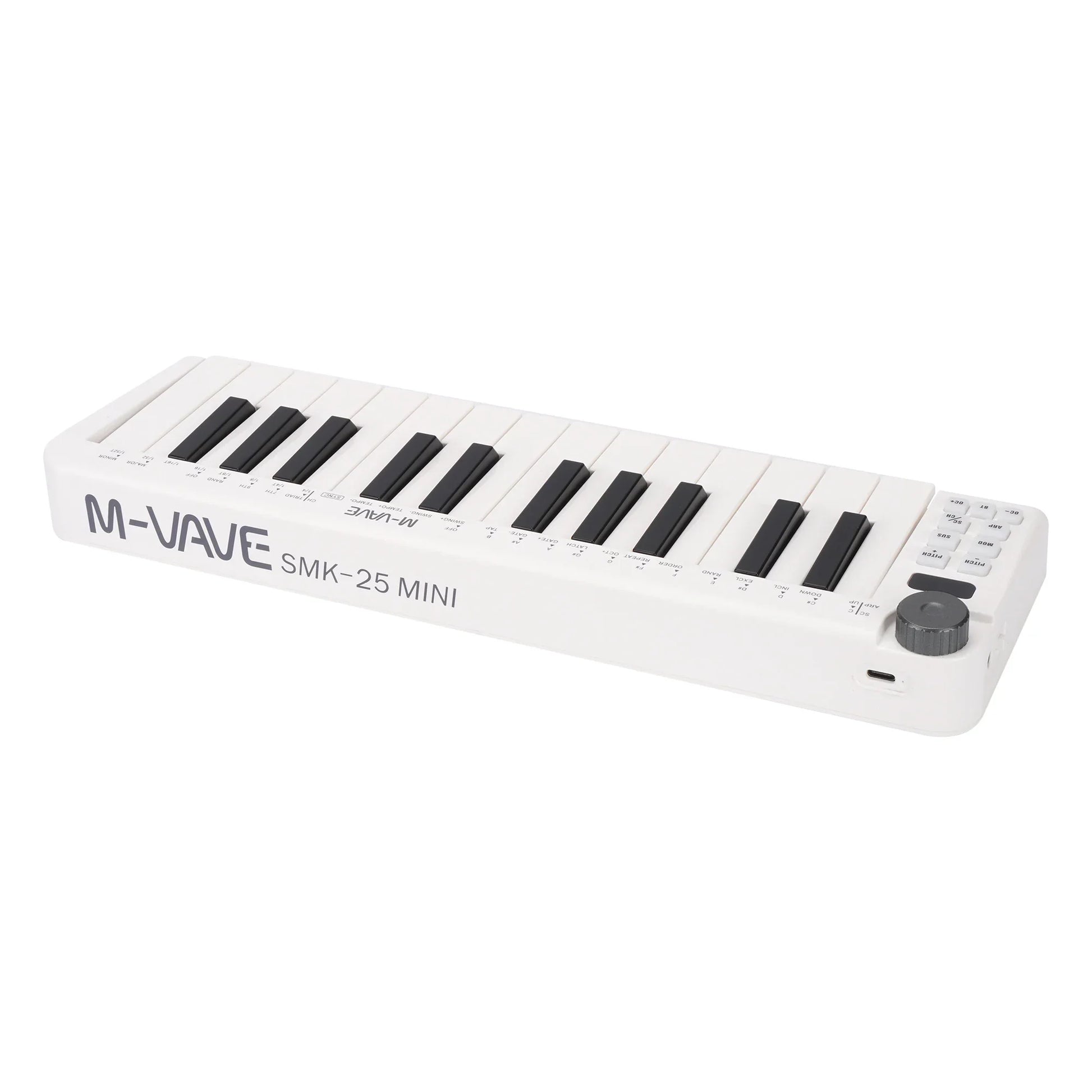 White m-vave smk-25mini midi keyboard rechargeable with black keys gray control knob mini portable usb controller