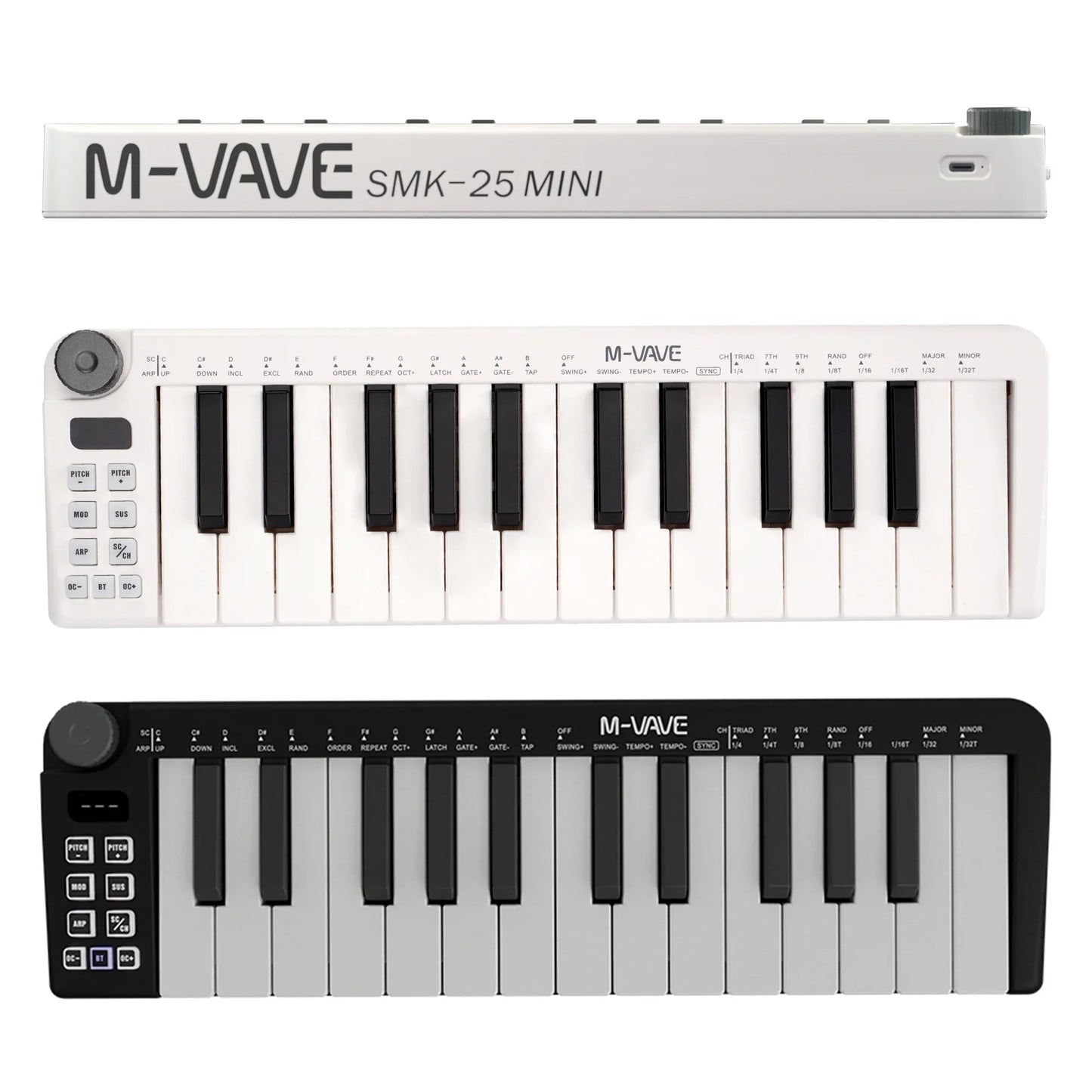 White and black M-VAVE SMK-25mini midi keyboard rechargeable 25-key control keyboard instrument with USB port