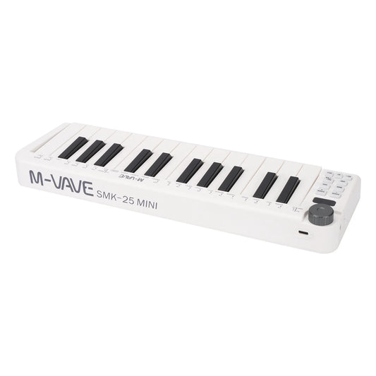 White m-vave smk-25mini midi keyboard rechargeable with black keys and gray control knob compact instrument mini portable