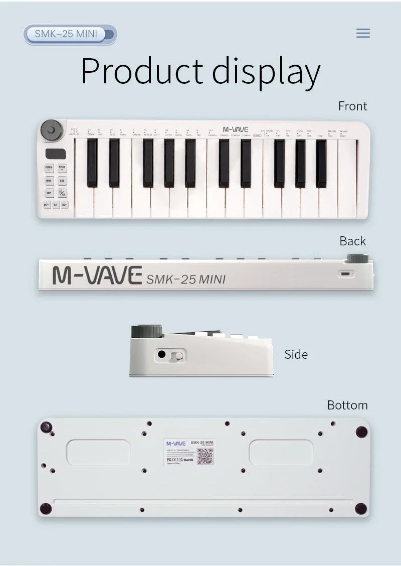 White M-VAVE SMK-25mini midi keyboard rechargeable with 25 black keys and control buttons portable control keyboard instrument
