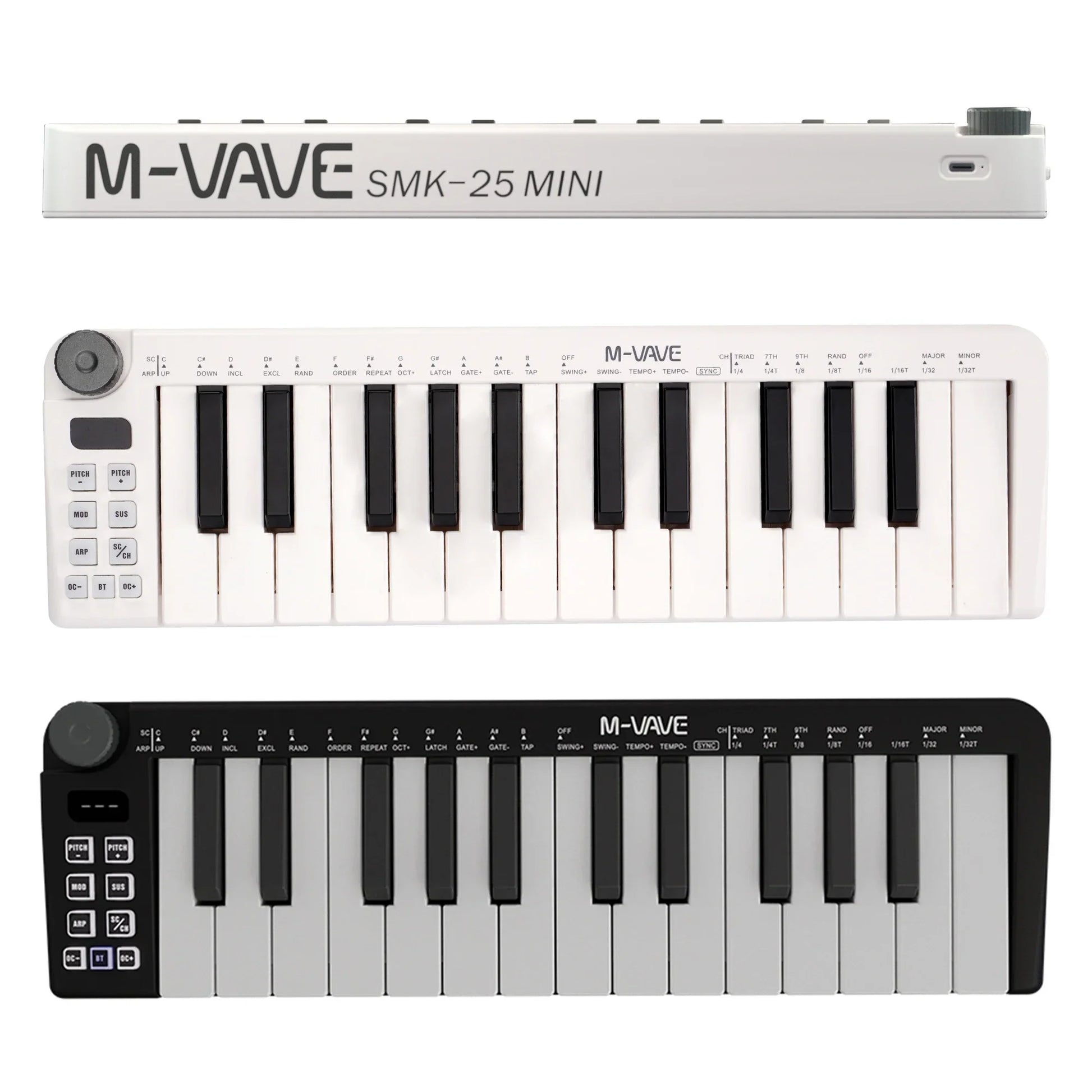 White and black m-vave smk-25mini midi keyboard rechargeable with 25 keys rotary encoder and control buttons instrument mini portable