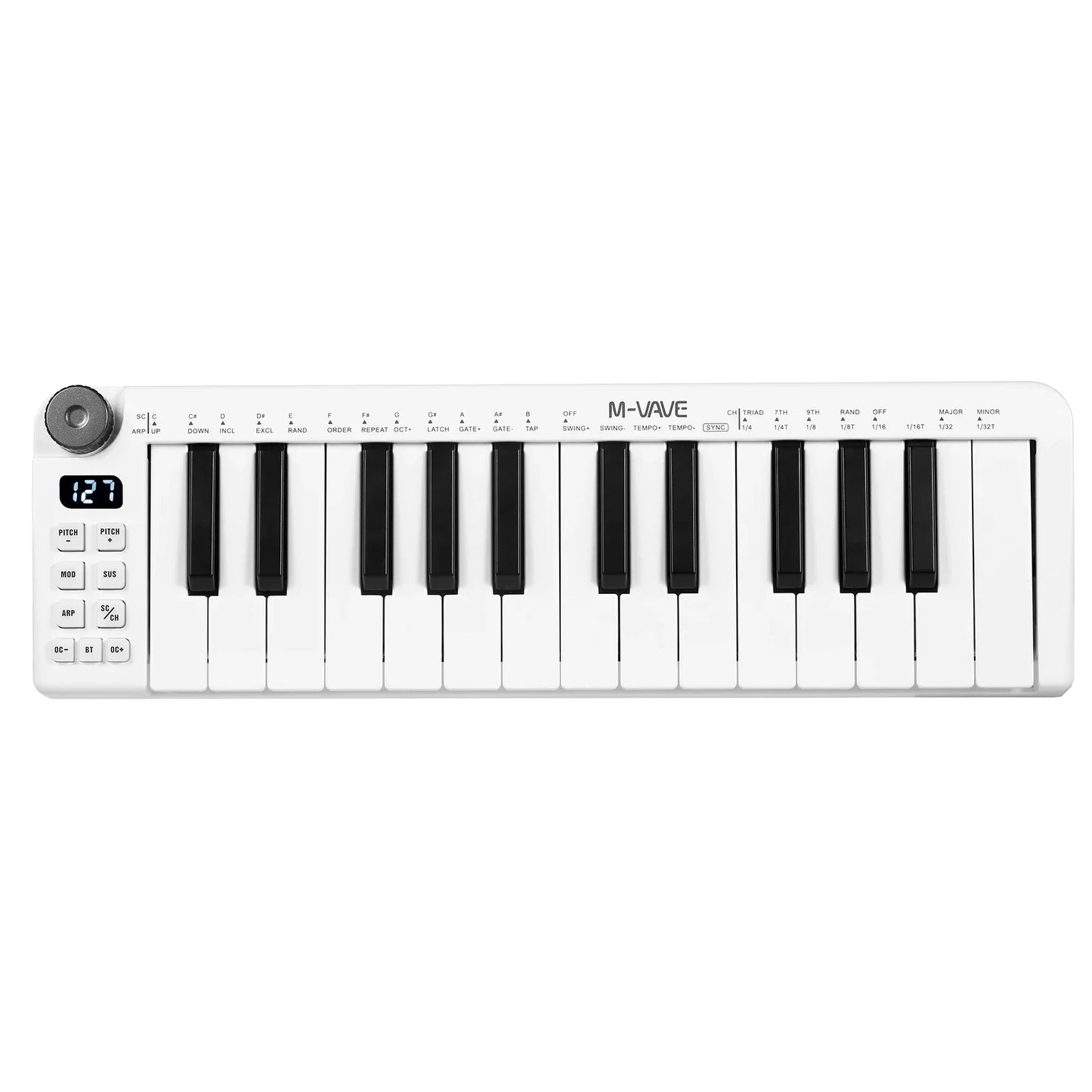 White m-vave smk-25mini midi keyboard rechargeable 25-key velocity sensitive keys with black keys and digital display