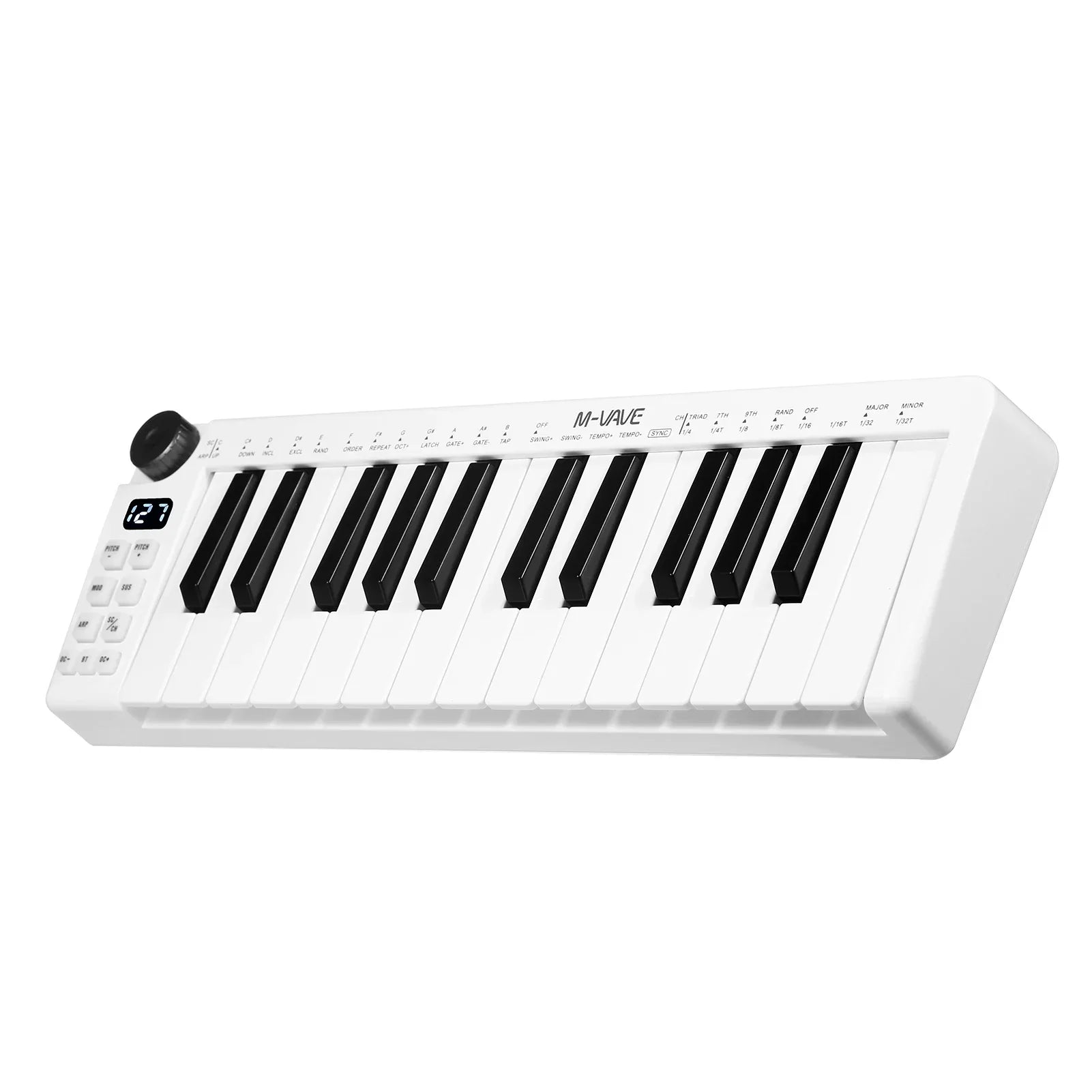 White m-vave smk-25mini midi keyboard rechargeable 25-key velocity sensitive keys with digital display and black piano keys