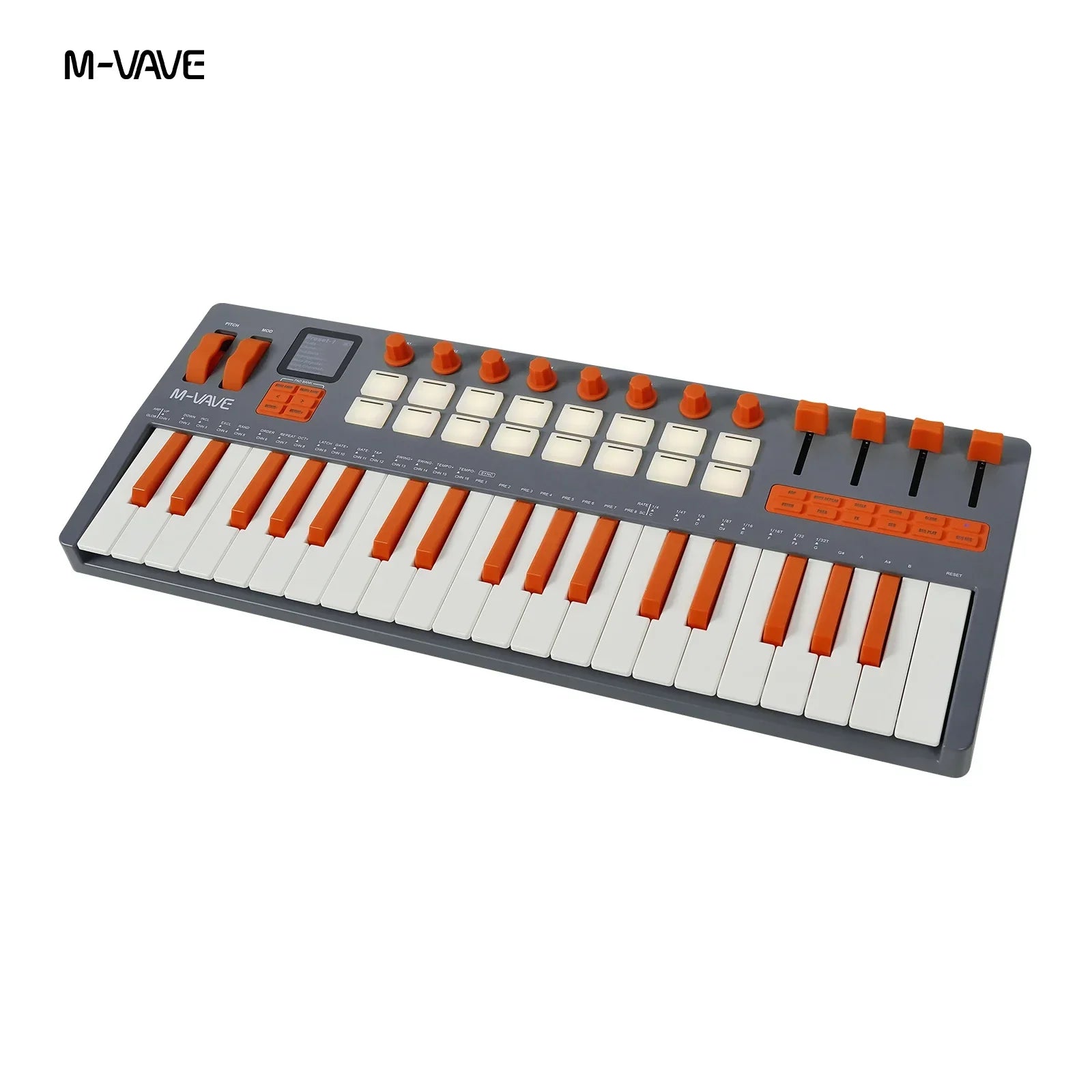 M-vave smk-37 elite wireless midi keyboard with 49 orange and white keys gray body and orange knobs battery powered daw controller