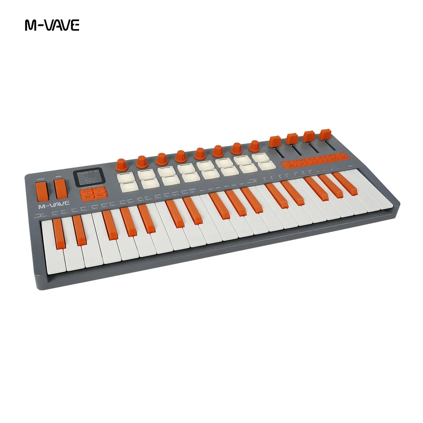 M-vave smk-37 elite wireless midi keyboard with 49 orange and white keys gray body and battery powered daw features