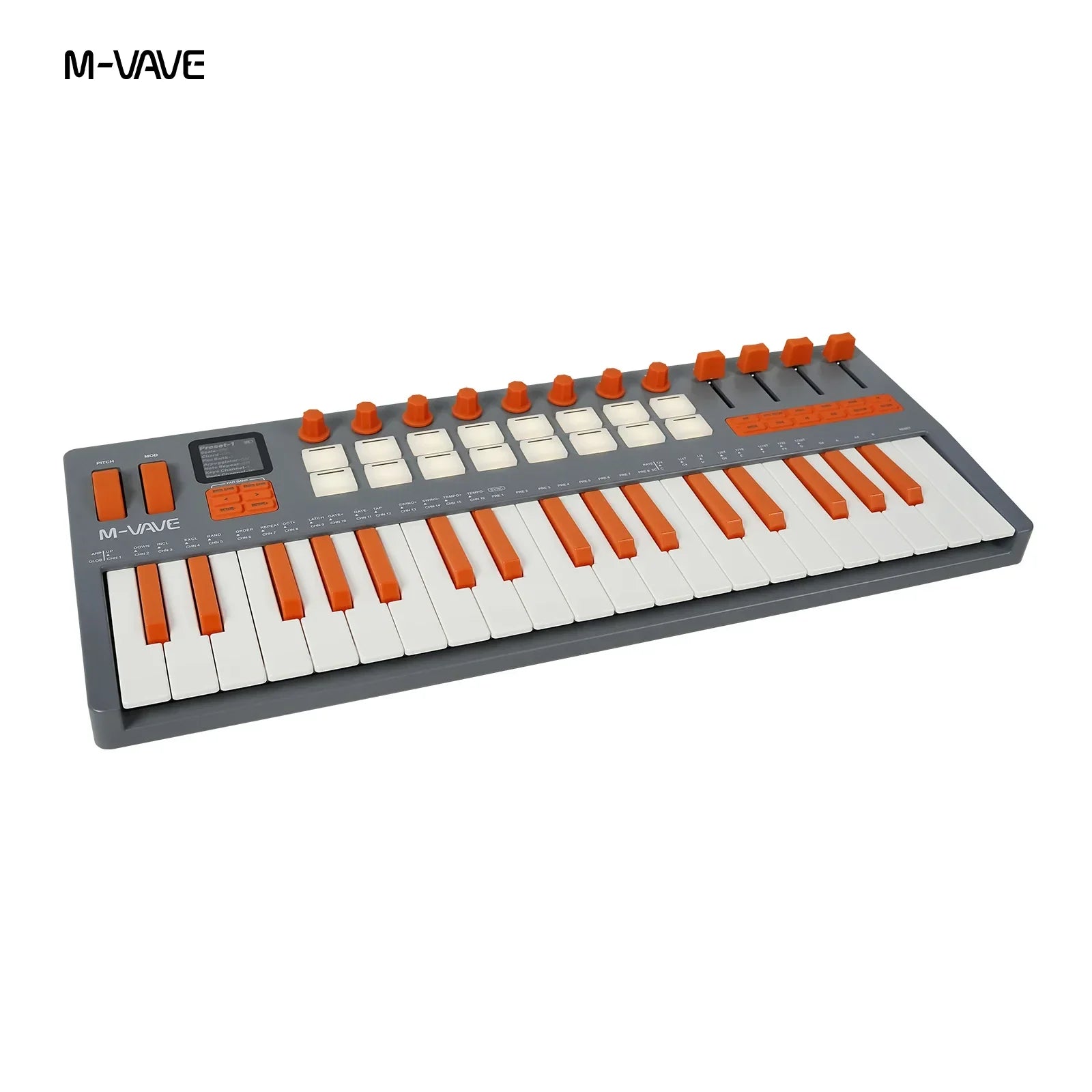 M-vave smk-37 elite wireless midi keyboard with 49 orange and white keys gray body and battery powered daw features