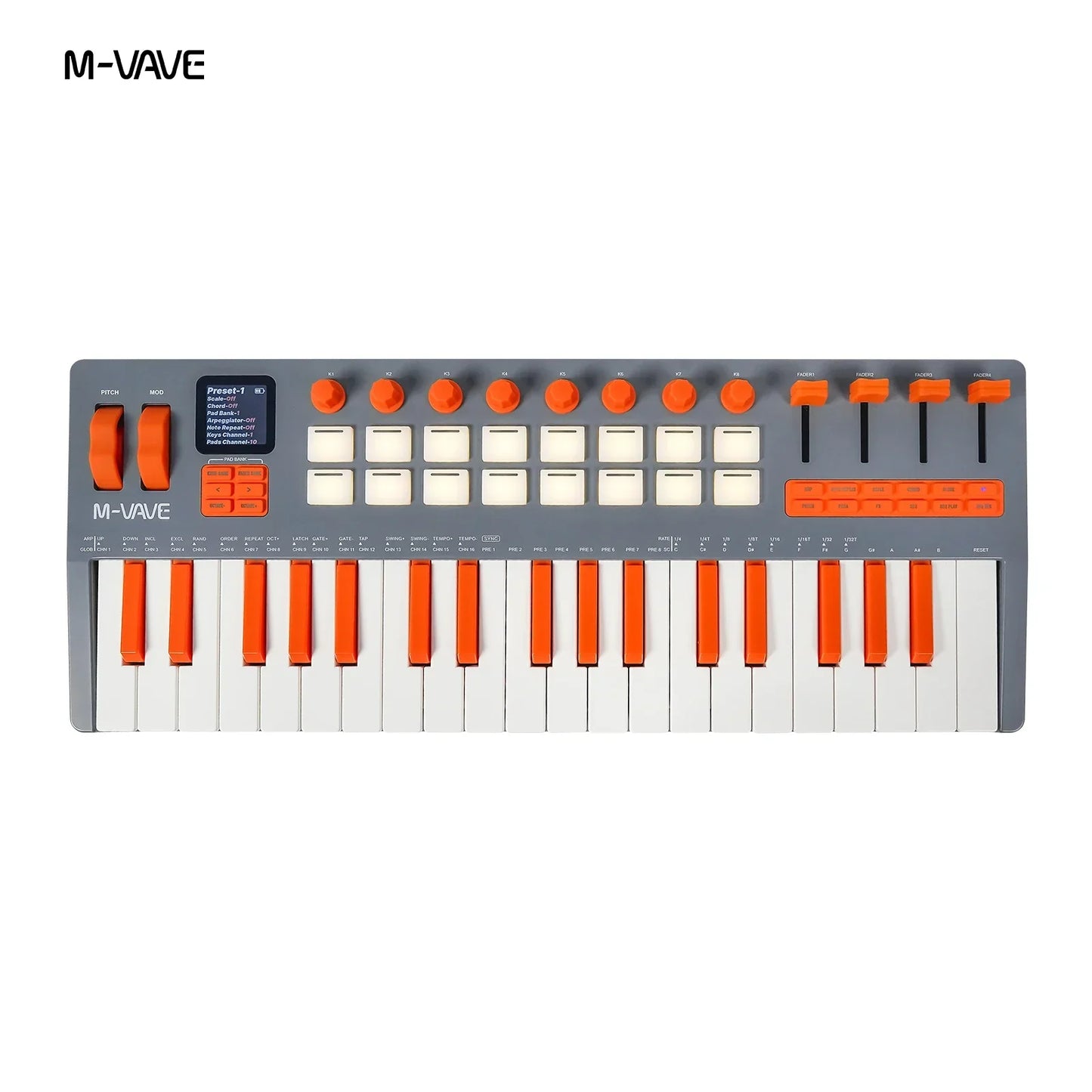 M-vave smk-37 elite wireless midi keyboard with orange and gray design featuring 16 pads battery powered daw device