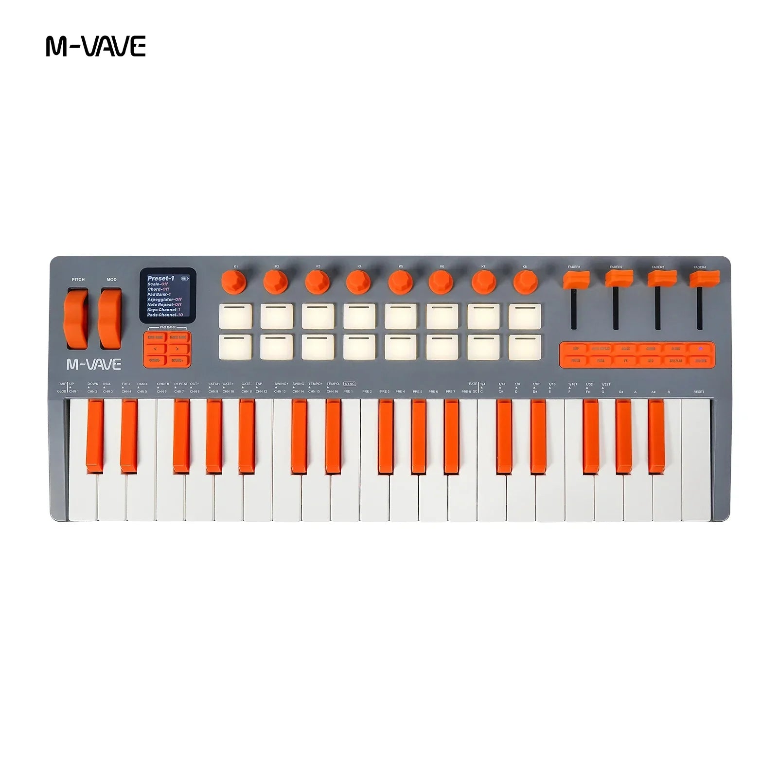 M-vave smk-37 elite wireless midi keyboard with orange and gray design featuring 16 pads battery powered daw device