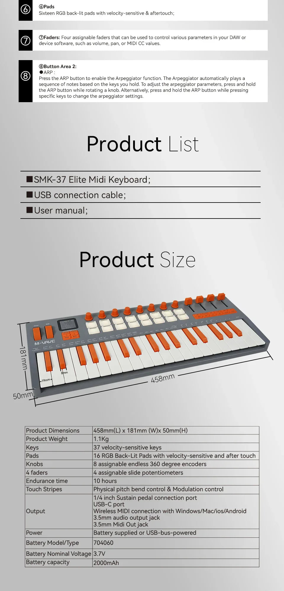 Black and orange smk-37 elite wireless midi keyboard with 37 velocity-sensitive keys usb cable included battery powered daw