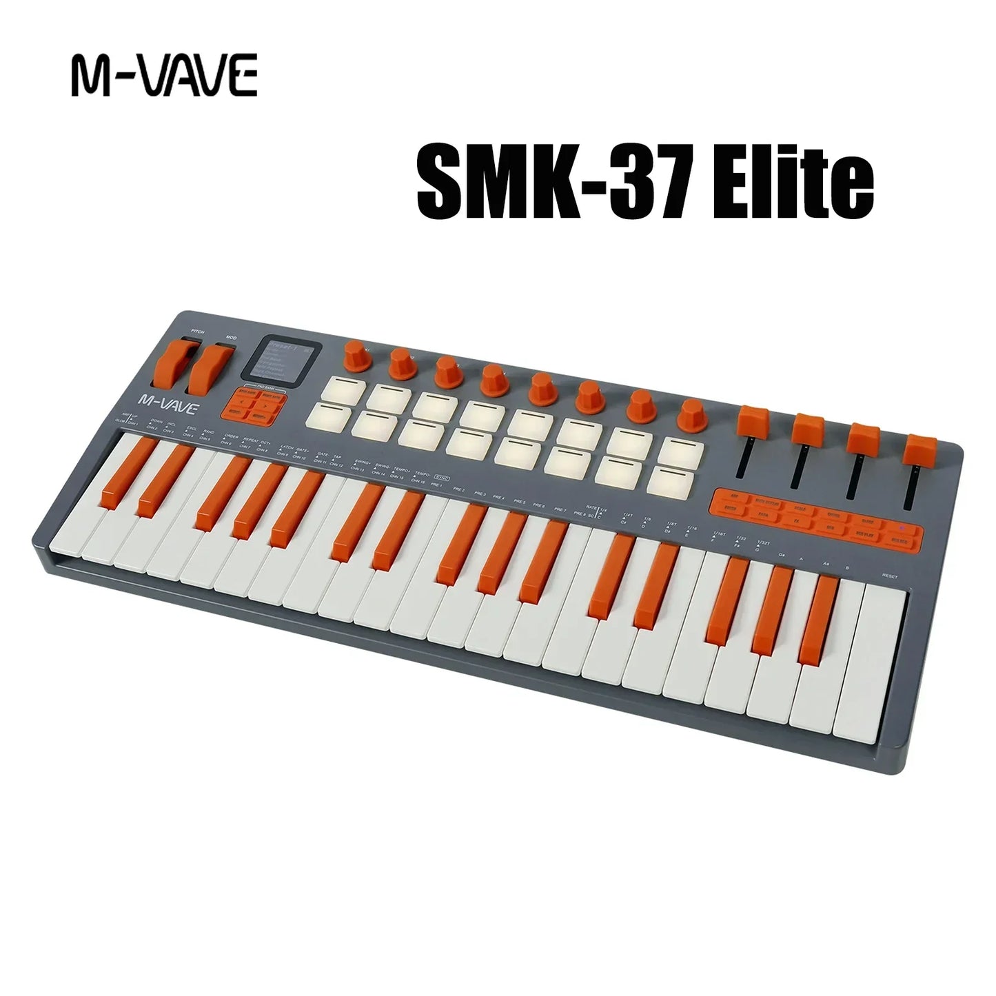 M-vave smk-37 elite is a compact gray and orange midi keyboard with 37 keys battery powered daw controller