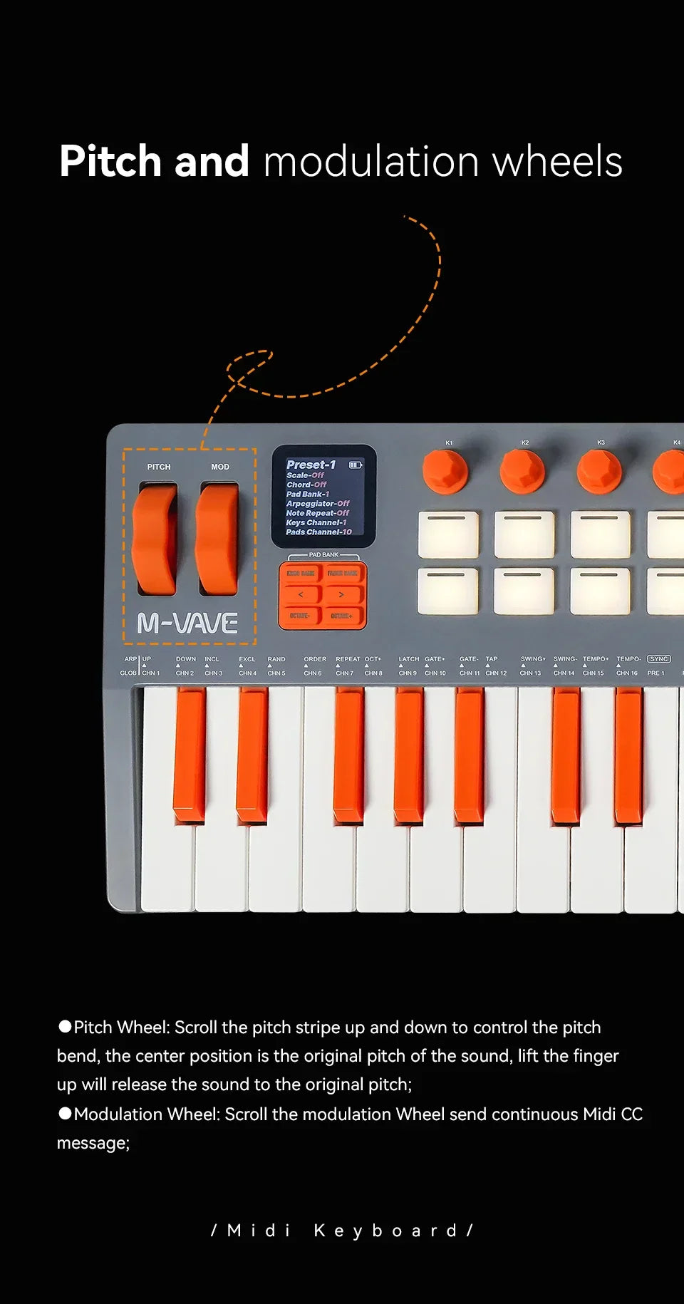 Gray and orange smk-37 elite wireless midi keyboard with white keys, digital display, and battery powered daw compatibility