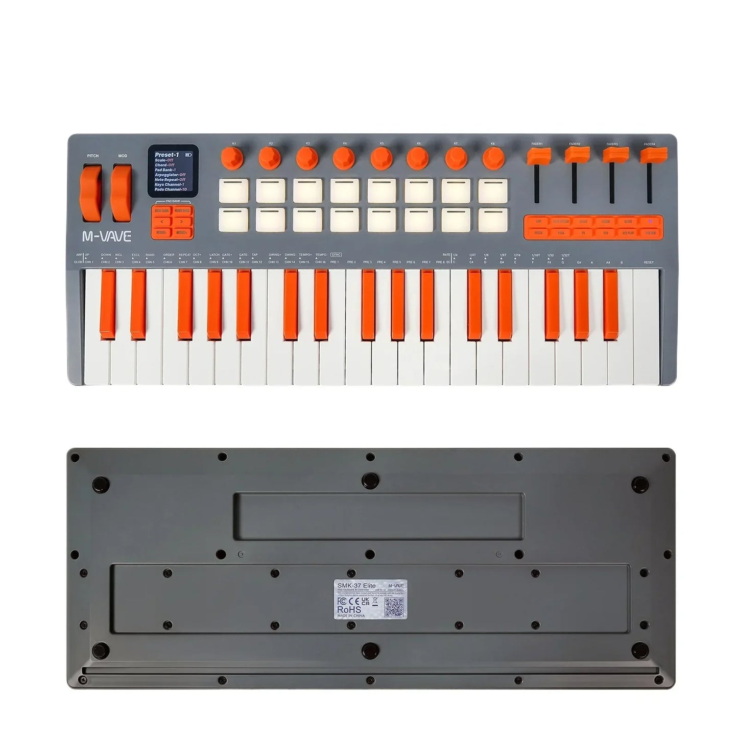 Gray and orange smk-37 elite wireless midi keyboard controller with 25 keys knobs sliders battery powered daw compatible