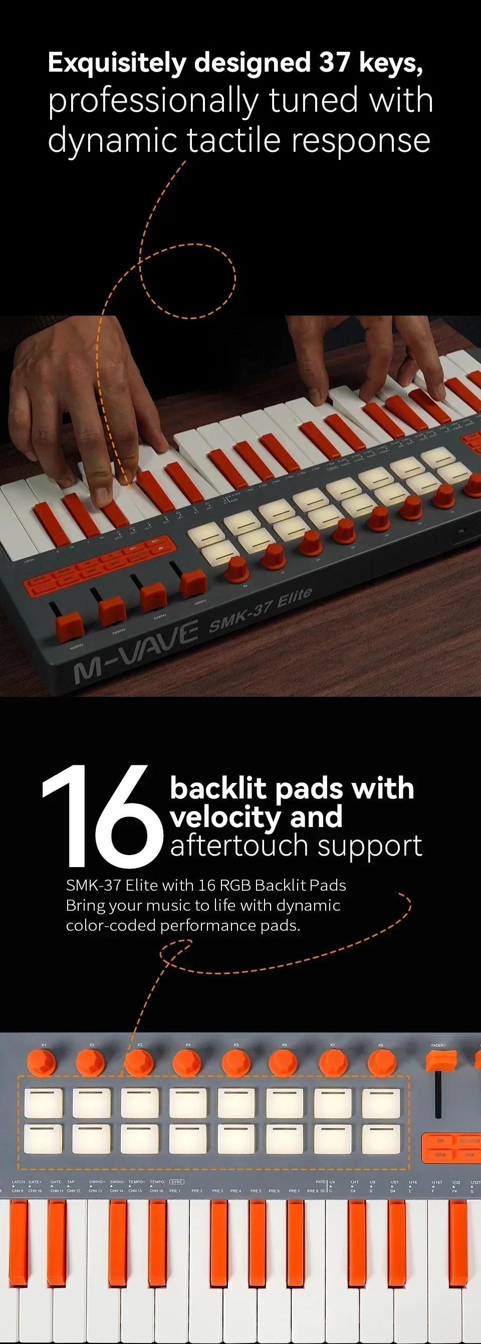 M-vave smk-37 elite wireless midi keyboard with orange and white keys and 16 rgb backlit pads battery powered daw