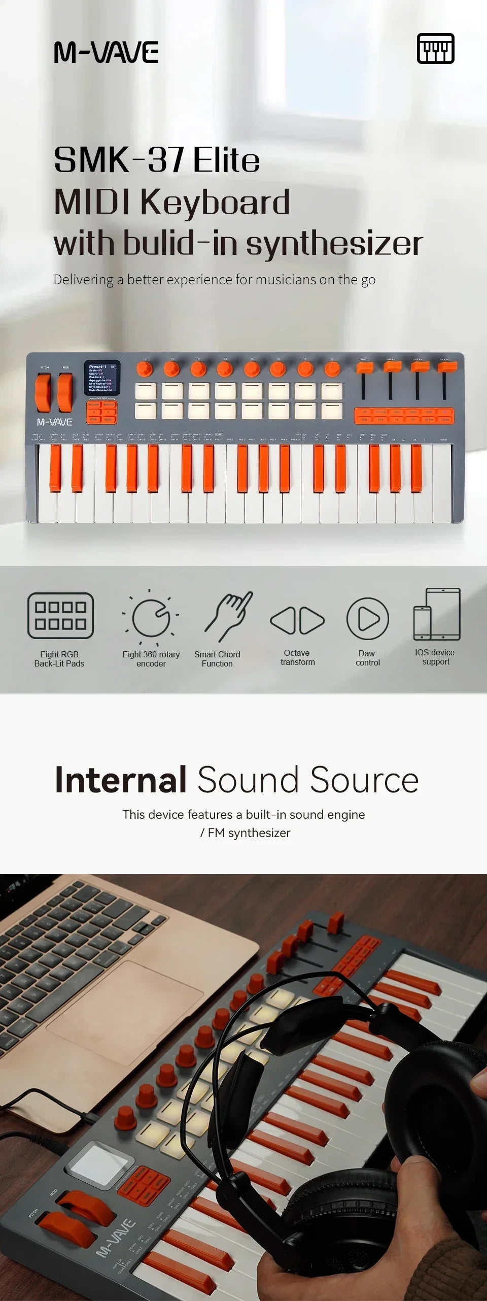 M-wave smk-37 elite wireless midi keyboard with built-in synthesizer gray and orange battery powered daw controller