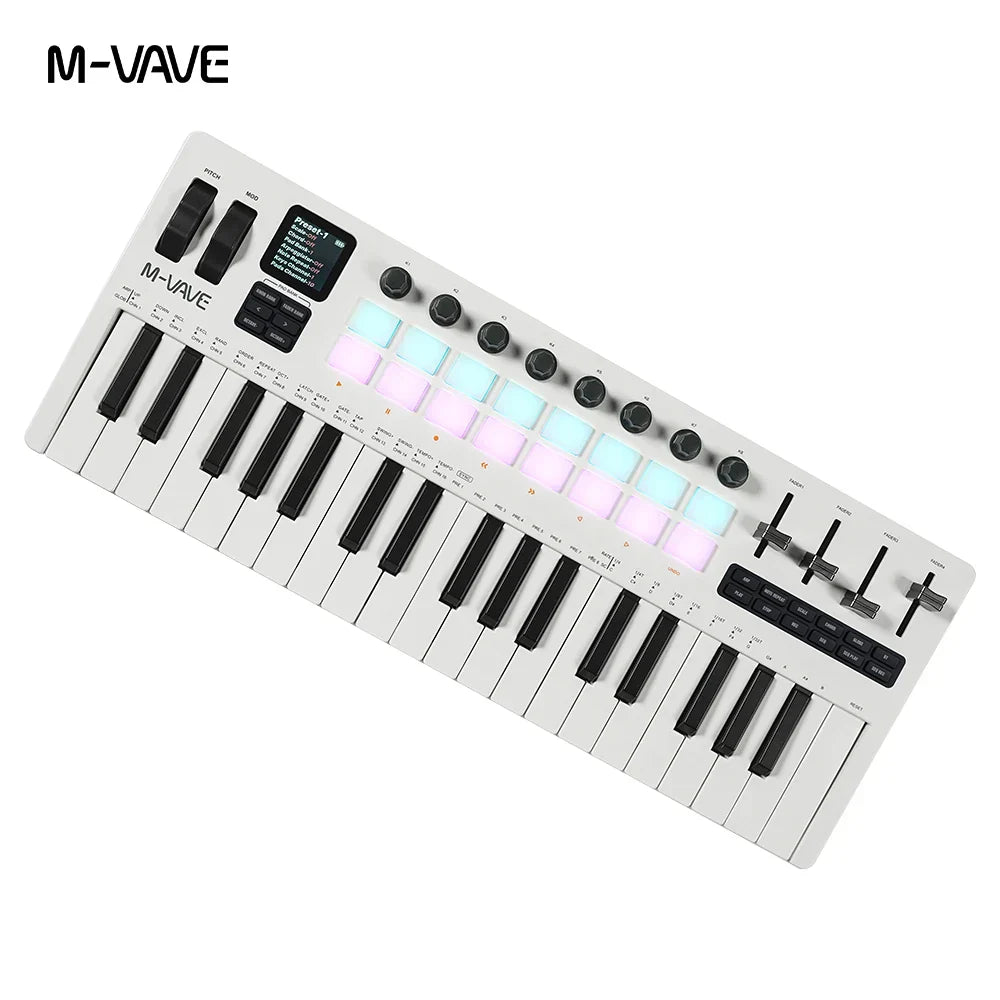 White m-vave smk-37 keyboard midi controller with 37 keys, black keys, rgb pads, knobs, and built-in audio source