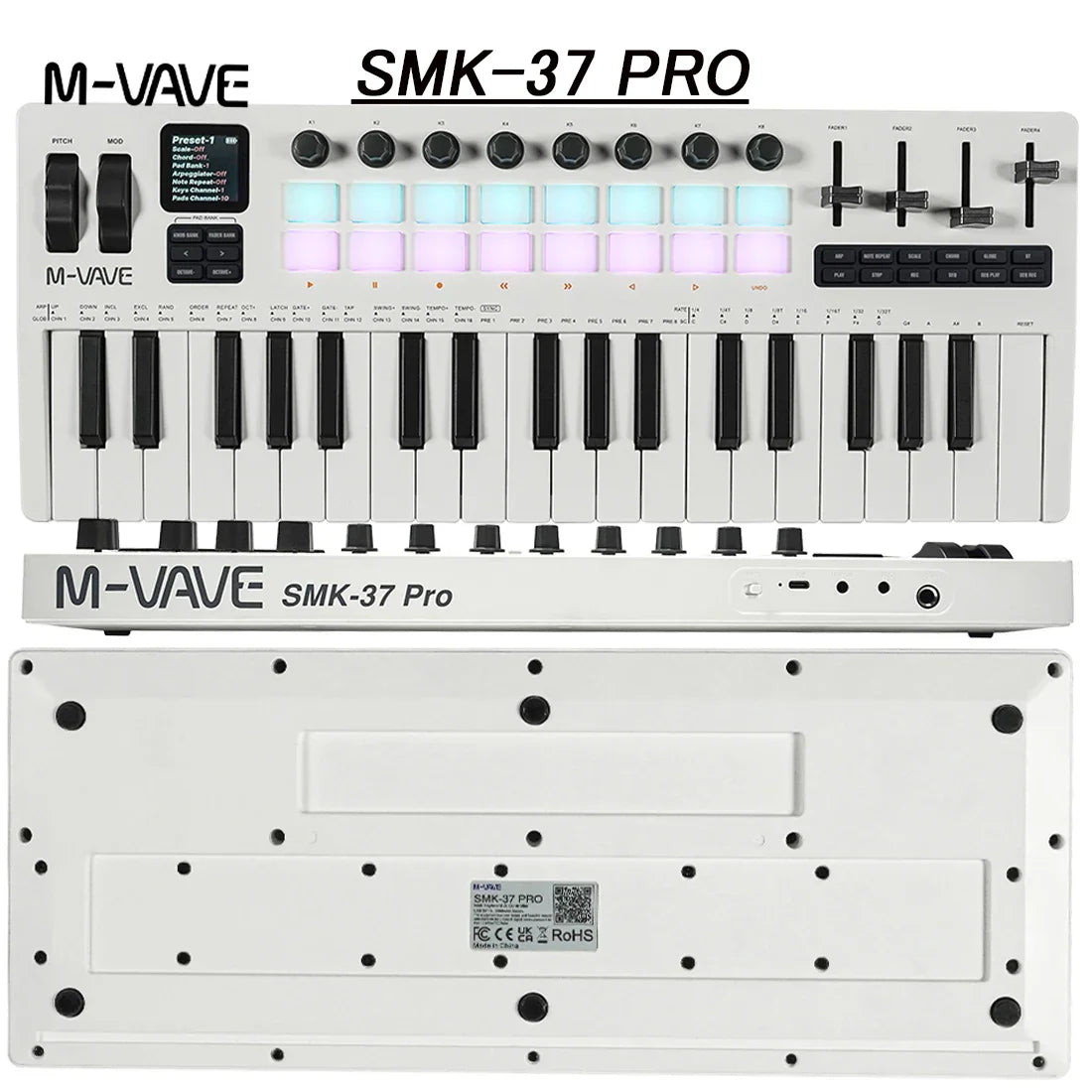 White m-vave smk-37 keyboard midi controller with 37 keys, 16 rgb pads in blue and pink, built-in audio source and wireless support