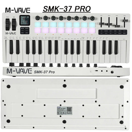 White m-vave smk-37 keyboard midi controller with 37 keys, 16 rgb pads in blue and pink, built-in audio source and wireless support
