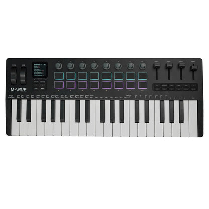 Black m-audio m-wave midi controller keyboard with 25 keys, rgb pads, knobs, faders, and display for synthesizer music production