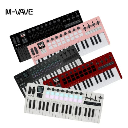 M-vave smk-37 pro 37-key midi controllers in black pink red and white with rgb pads for synthesizer music production