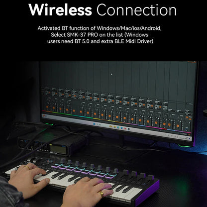 Black and purple m-vave smk-37 pro wireless midi keyboard with rgb pads and illuminated keys for synthesizer music production