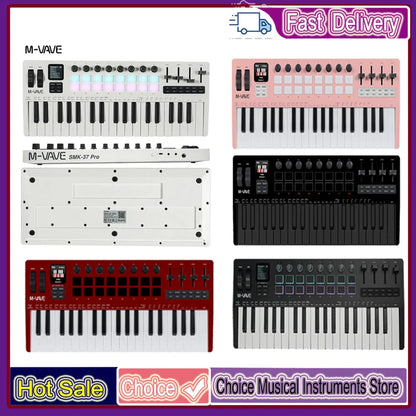 The m-vave smk-37 pro is a white 37-key midi controller with black keys, rgb pads, and built-in synthesizer music production