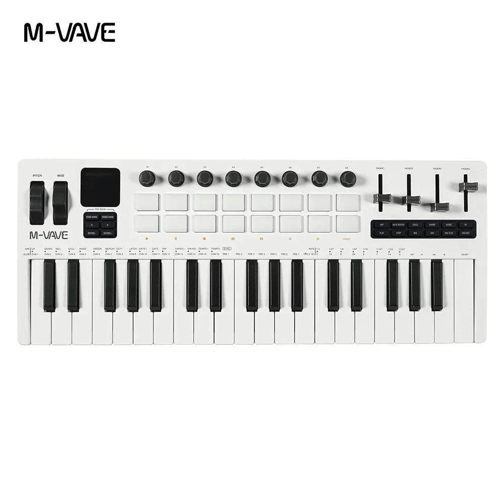 White m-vave smk-37 pro 37-key midi controller with black keys, rgb pads, knobs, and built-in synthesizer music production