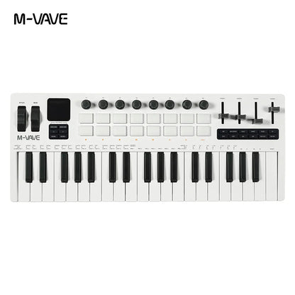 White m-vave smk-37 pro 37-key midi controller with black keys, rgb pads, knobs, and built-in synthesizer music production