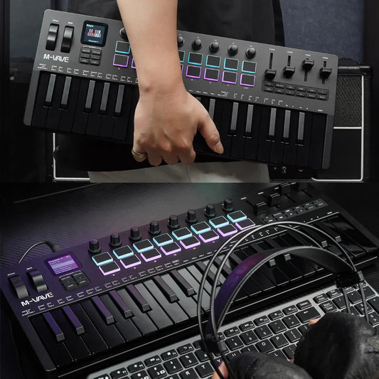 Black m-vave smk-37 pro portable keyboard midi controller with 37 keys and illuminated purple and blue rgb pads