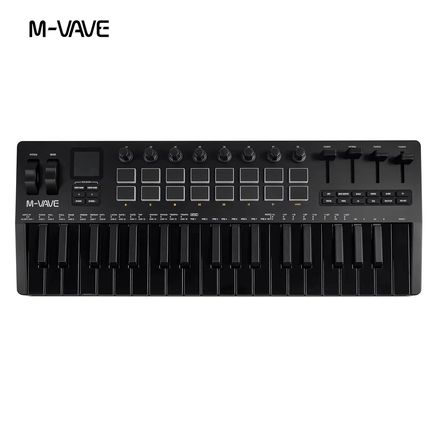Black m-vave smk-37 pro 25-key midi controller keyboard with eight knobs and small screen for synthesizer portable music