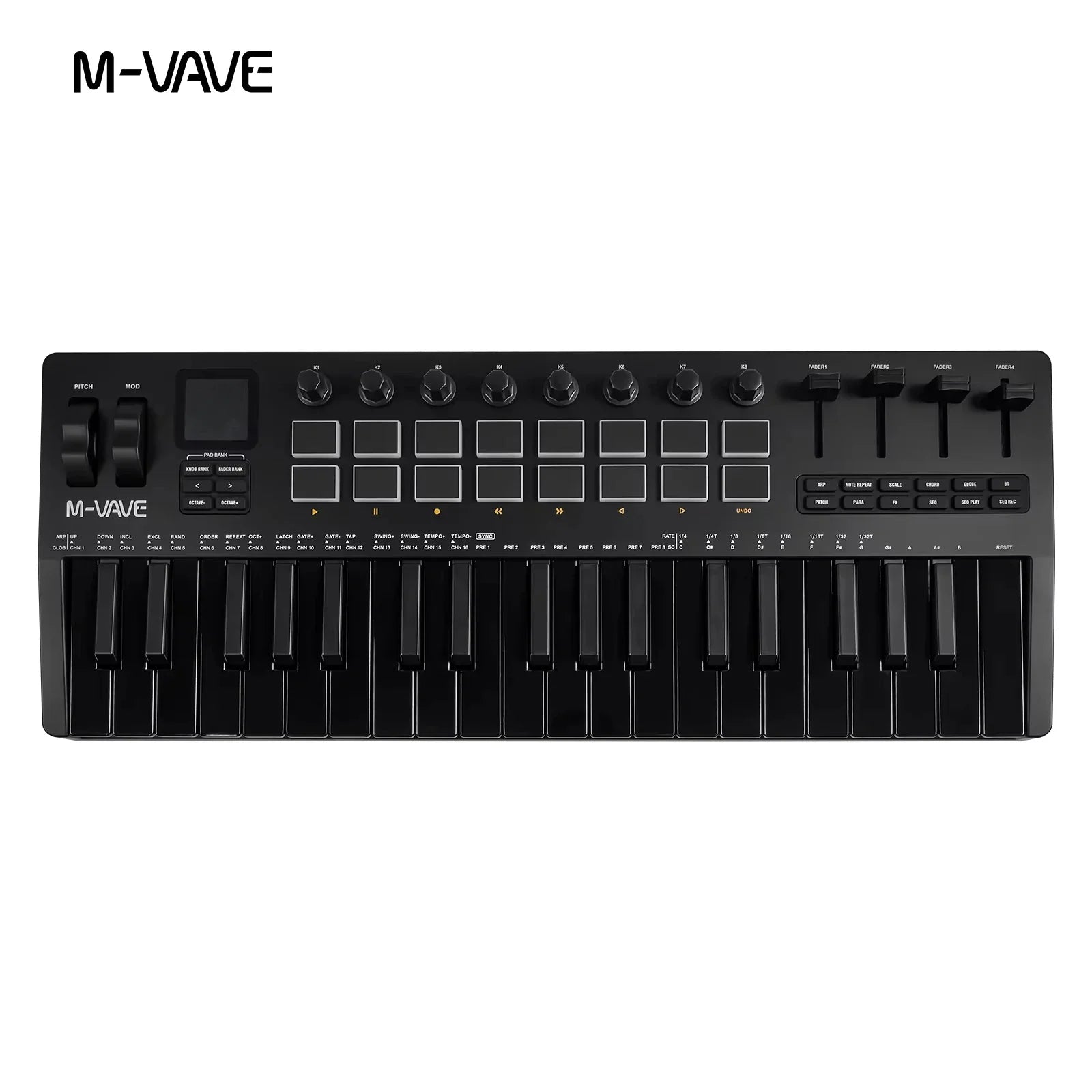 Black m-vave smk-37 pro 25-key midi controller keyboard with eight knobs and small screen for synthesizer portable music