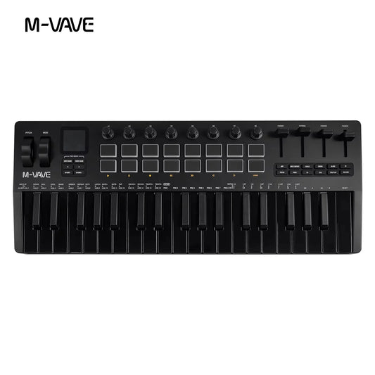 Black m-vave smk-37 pro 25-key midi controller keyboard with eight knobs and small screen for synthesizer portable music