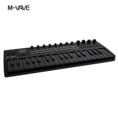 Black m-vave smk-37 pro 37-key midi controller keyboard with 25 keys and knobs for synthesizer portable music use