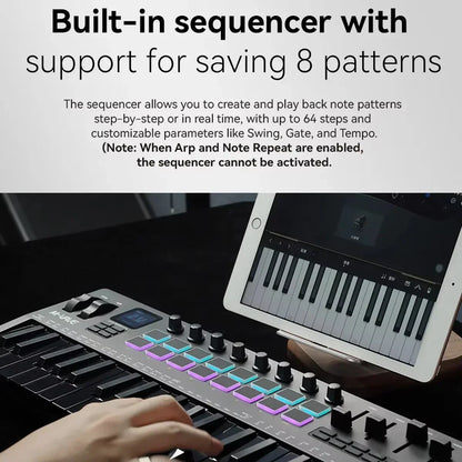 Black m-vave smk-37 pro 37-key midi controller with 16 rgb pads and 8 knobs for synthesizer portable music production