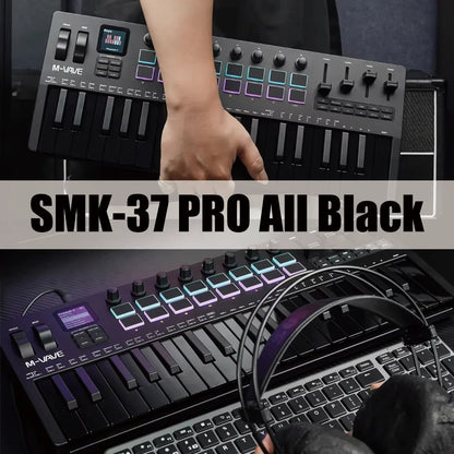 Black m-vave smk-37 pro 37-key midi controller with illuminated purple and blue keys for synthesizer portable music use
