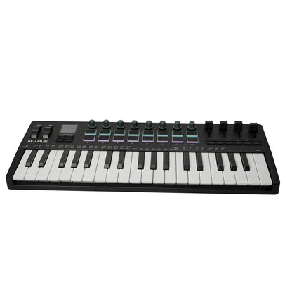 Black m-vave smk-37 pro 37-key midi controller with 25 keys knobs built-in synthesizer and rgb pads digital keyboard