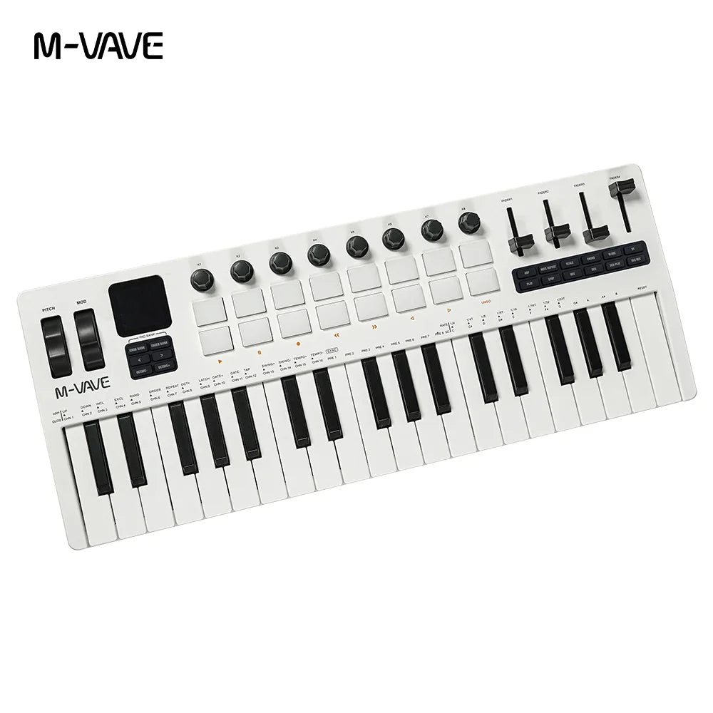 White m-vave smk-37 pro midi controller with black keys knobs built-in synthesizer and rgb pads portable keyboard