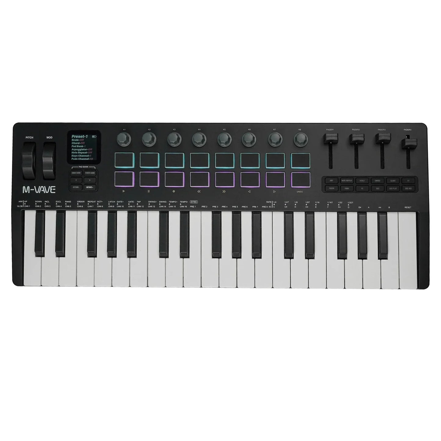 Black m-audio m-wave 25-key midi controller with white and black keys and illuminated rgb pads and knobs built-in synthesizer