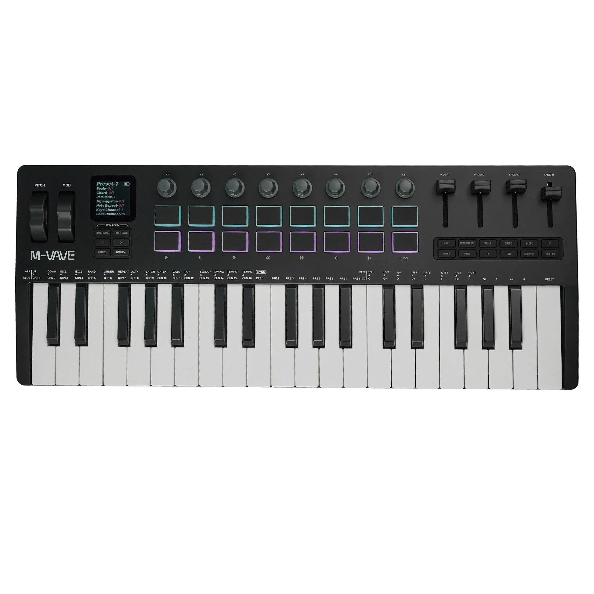 Black m-audio m-wave 25-key midi controller with white and black keys and illuminated rgb pads and knobs built-in synthesizer