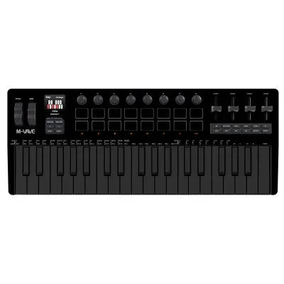 Black m-audio midi controller keyboard with 25 keys, knobs built-in synthesizer, and rgb pads for music production