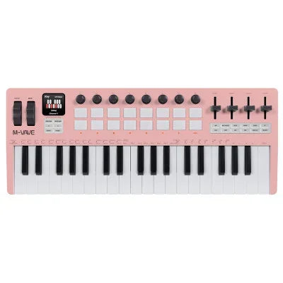 Pink m-vave smk-37 pro midi controller keyboard with rgb pads knobs built-in synthesizer and black white keys
