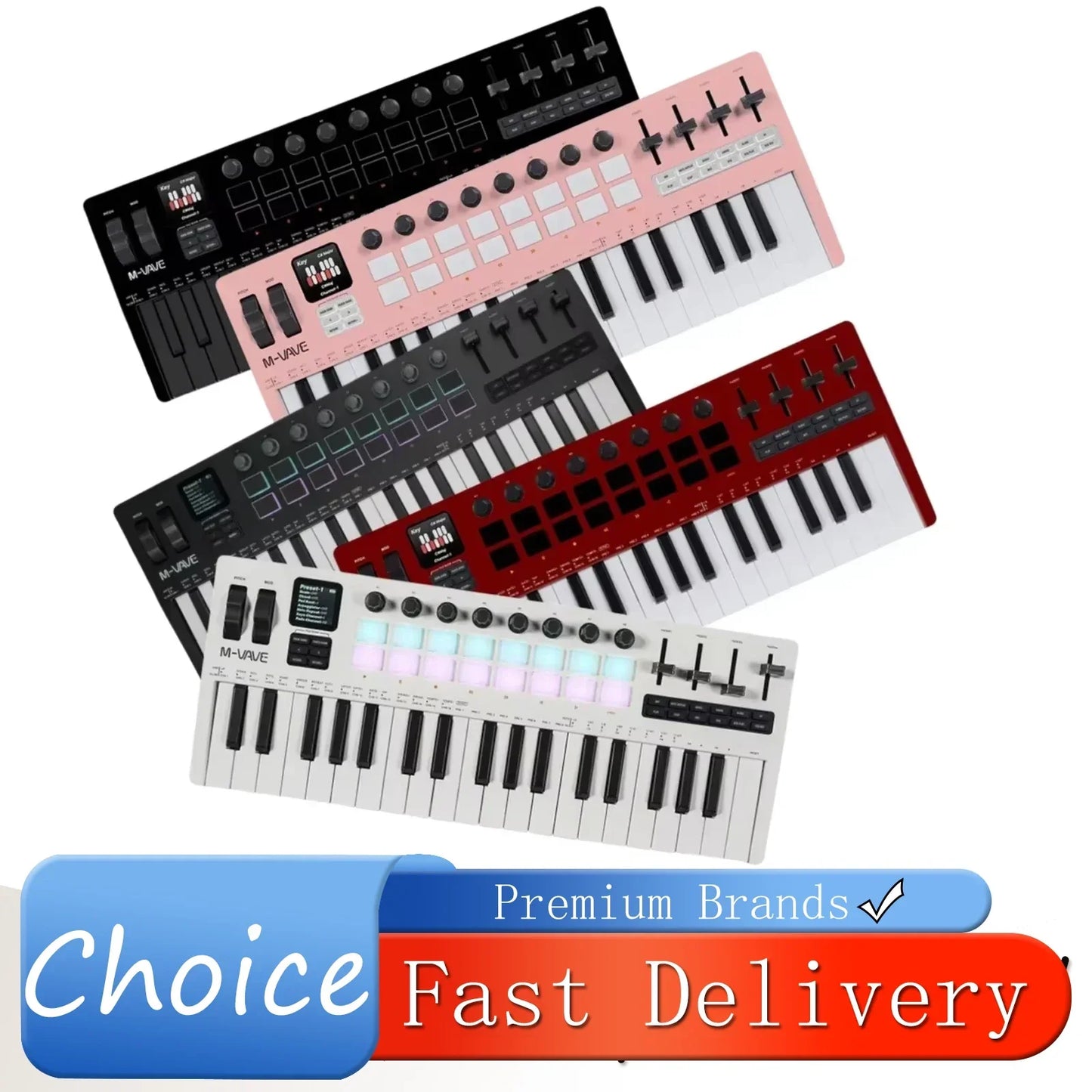 A sleek m-vave smk-37 pro 37-key midi controller with black and white keys on a vibrant pink body featuring rgb pads and knobs built-in synthesizer