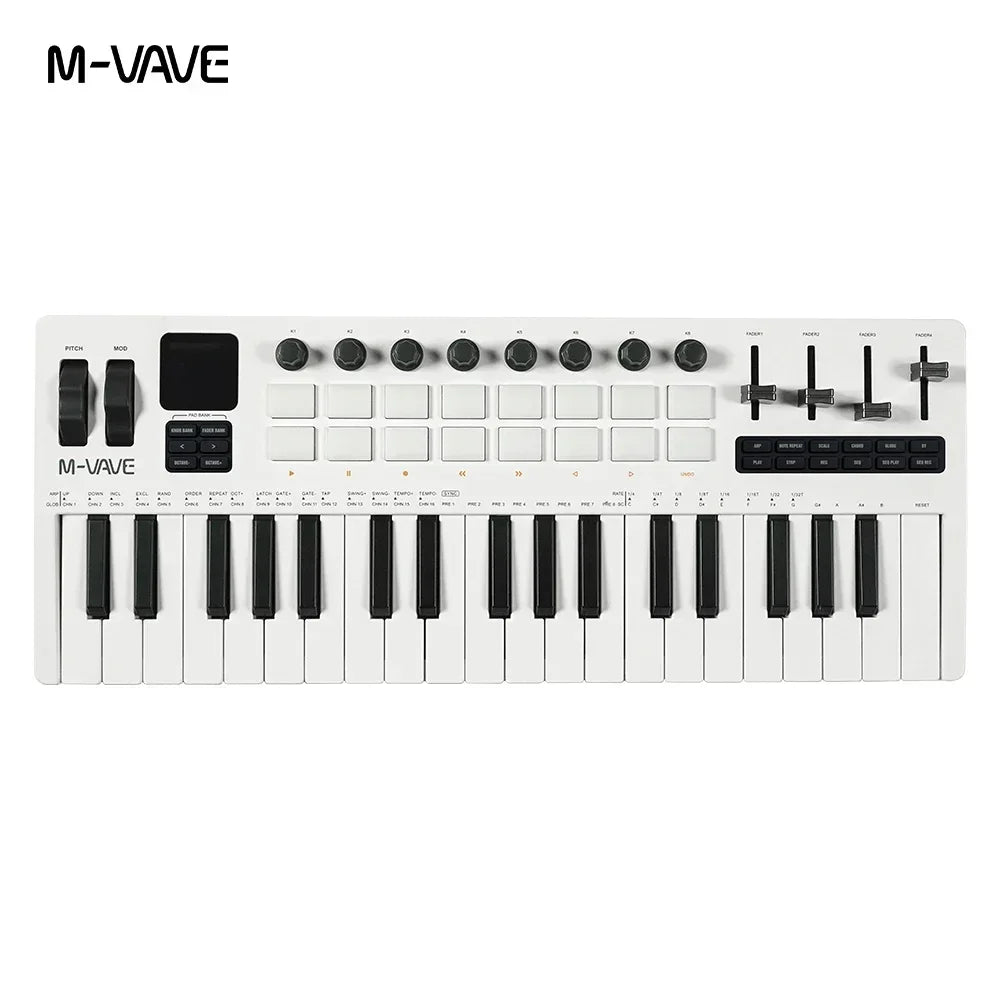 White m-vave smk-37 pro midi controller with black keys knobs built-in synthesizer and 16 rgb pads for music production