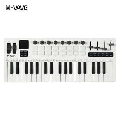 White m-vave smk-37 pro midi controller with black keys knobs built-in synthesizer and 16 rgb pads for music production
