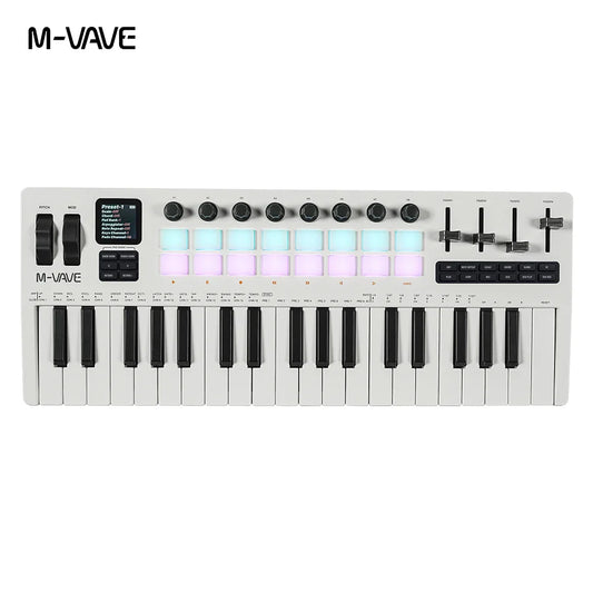 White m-vave midi controller white with 37 keys, 16 rgb pads, 8 knobs, and synthesizer portable keyboard design