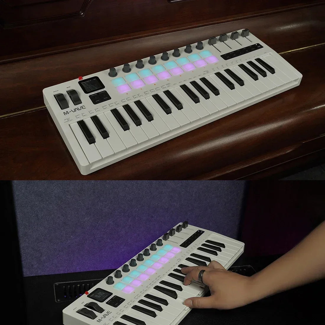 White m-audio m-wave midi controller white with 37 keys 16 rgb pads 8 knobs synthesizer portable keyboard digital audio amp