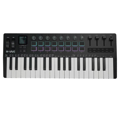 Black m-audio m-wave 24-key midi controller with illuminated rgb pads knobs and faders for music production