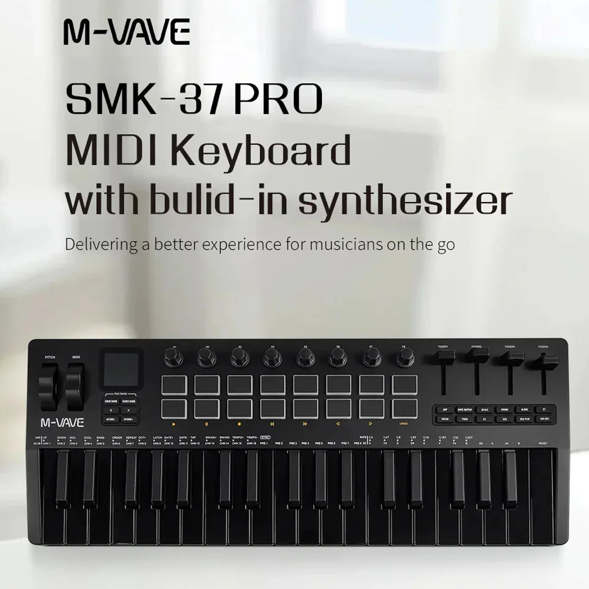 Black m-vave smk-37 pro 37-key midi controller with built-in synth engine, compact design, rgb pads, and matte finish